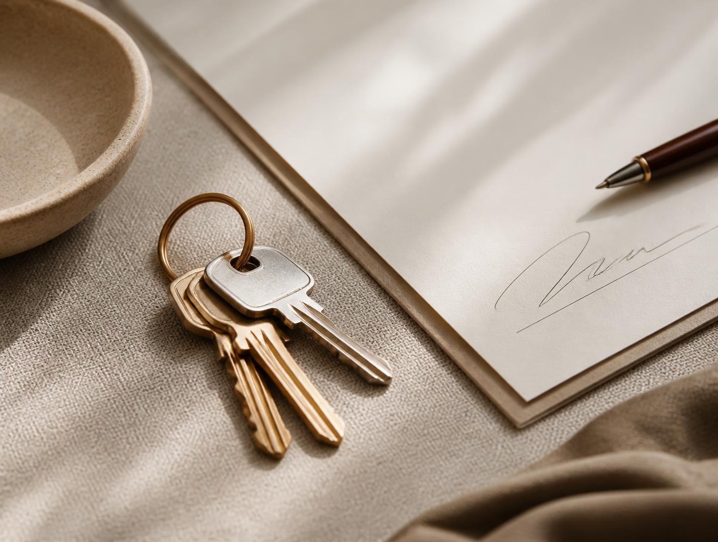 House keys resting beside a signed closing document